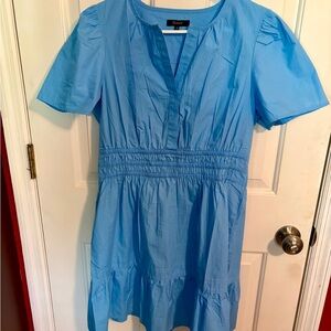 Quince Light Blue Smocked-Waist Short Sleeve Mini Dress